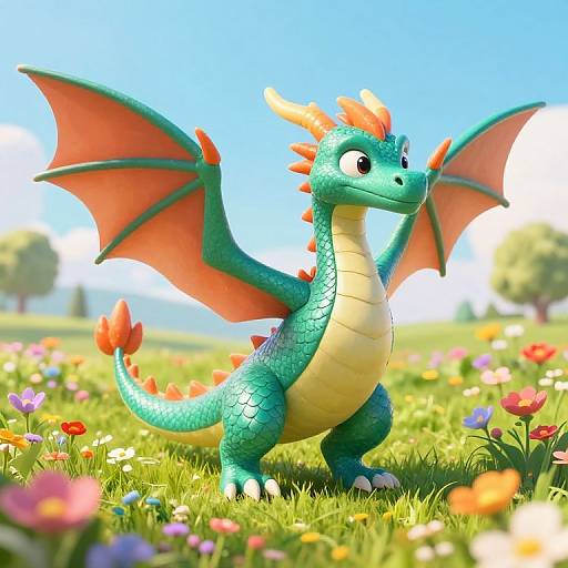 Vibrant 3D Cartoon Dragon in Meadow