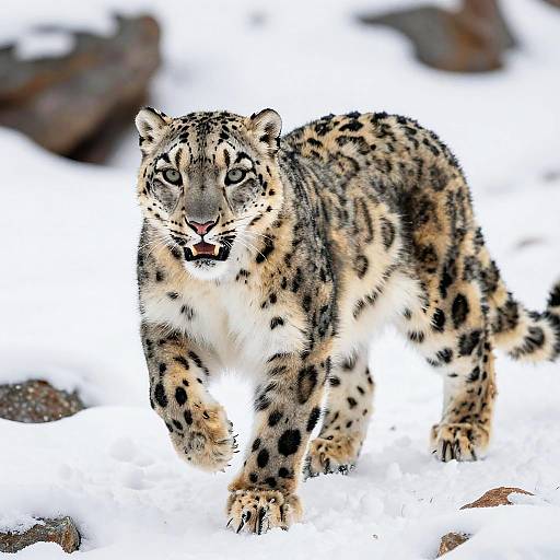 Photograph of a snow leopard with spotted fur, standing on snow-covered ground, looking directly at the camera, with blurred rocks in the background.