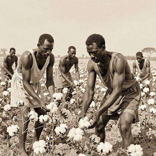 Black-and-white photograph of muscular, dark-skinned men in tank tops and shorts, bending over to pick cotton in a vast field.