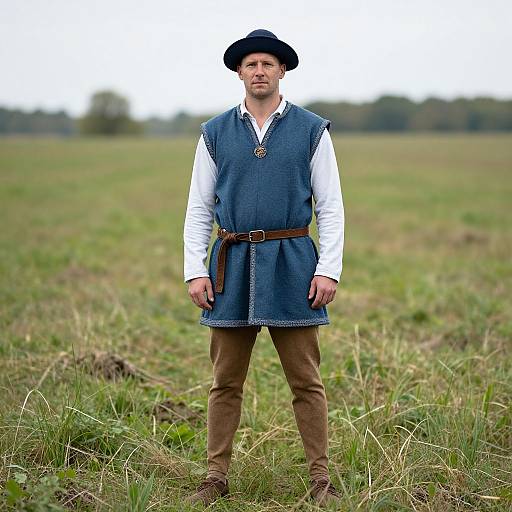 Photograph of a white man with short brown hair, wearing a black hat, white shirt, blue sleeveless vest, brown belt, brown pants,