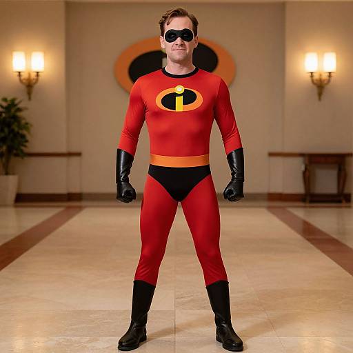 Photograph of a man in a red Superman-style costume with black gloves, boots, and mask, standing in a warmly lit, elegant room with wall