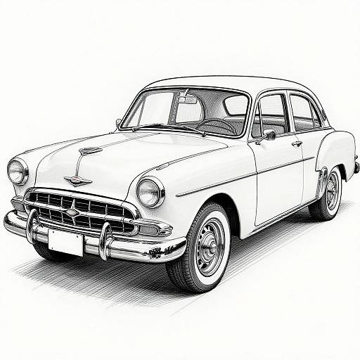 Black-and-white digital sketch of a classic vintage car, featuring rounded headlights, chrome bumper, and detailed wheel design, viewed from a slight front-left angle