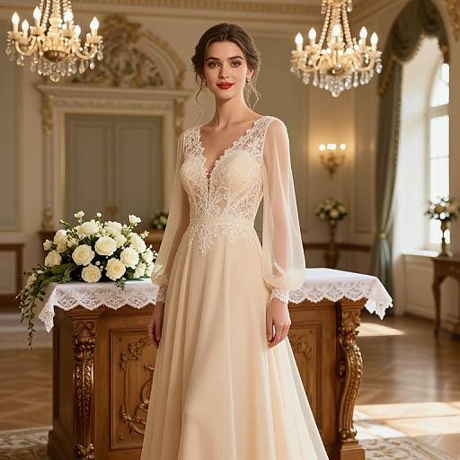 Photograph of a beautiful woman with dark hair in an elegant, long-sleeved, lace-trimmed, ivory wedding gown, standing in a