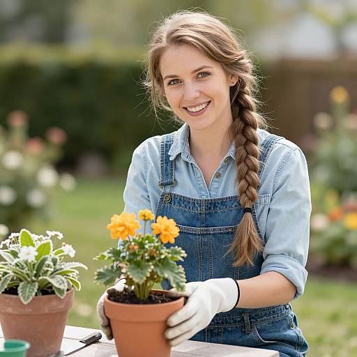Photograph of a smiling young woman with a braided brown ponytail, wearing blue denim overalls and white gloves, tending orange and white flowers