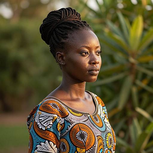 Photograph of a dark-skinned African woman with braided hair, wearing a vibrant, patterned dress, standing outdoors with greenery in the background