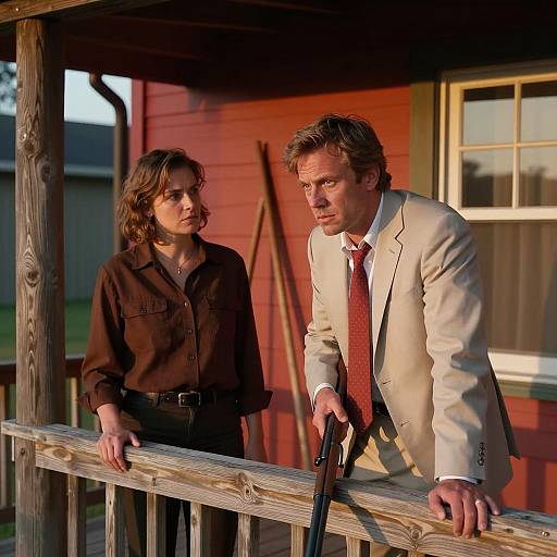 Sunset Standoff on the Wooden Porch