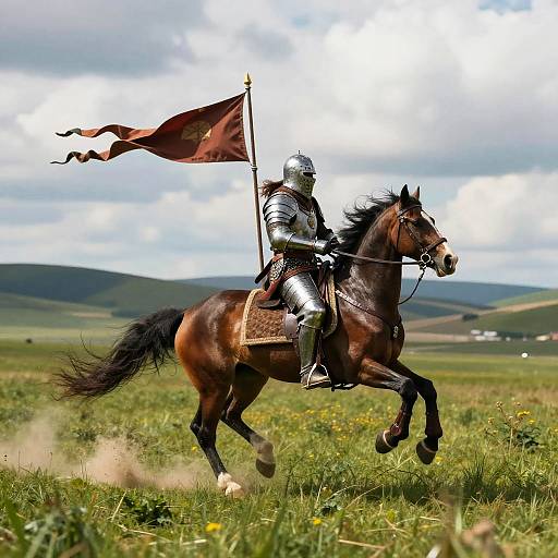 Medieval Warrior Charging Across Meadow