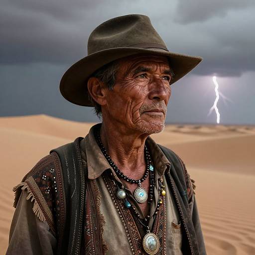 Photograph of an elderly Native American man in a brown hat and traditional attire, standing in a desert with a lightning strike in the stormy sky behind