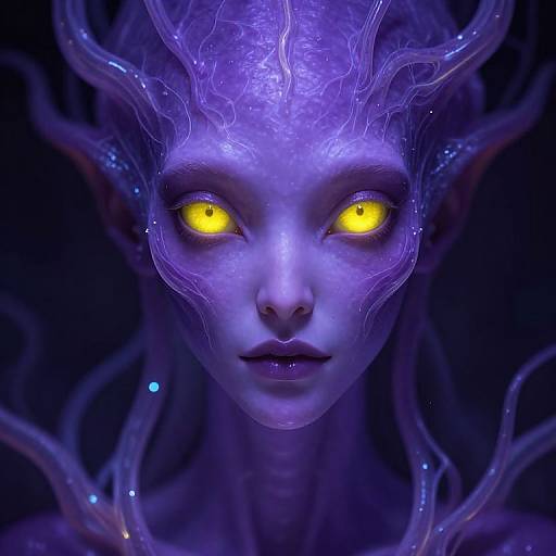 Digital artwork of a blue, ethereal, alien-like woman with glowing yellow eyes, intricate bioluminescent patterns on her face, and flowing,