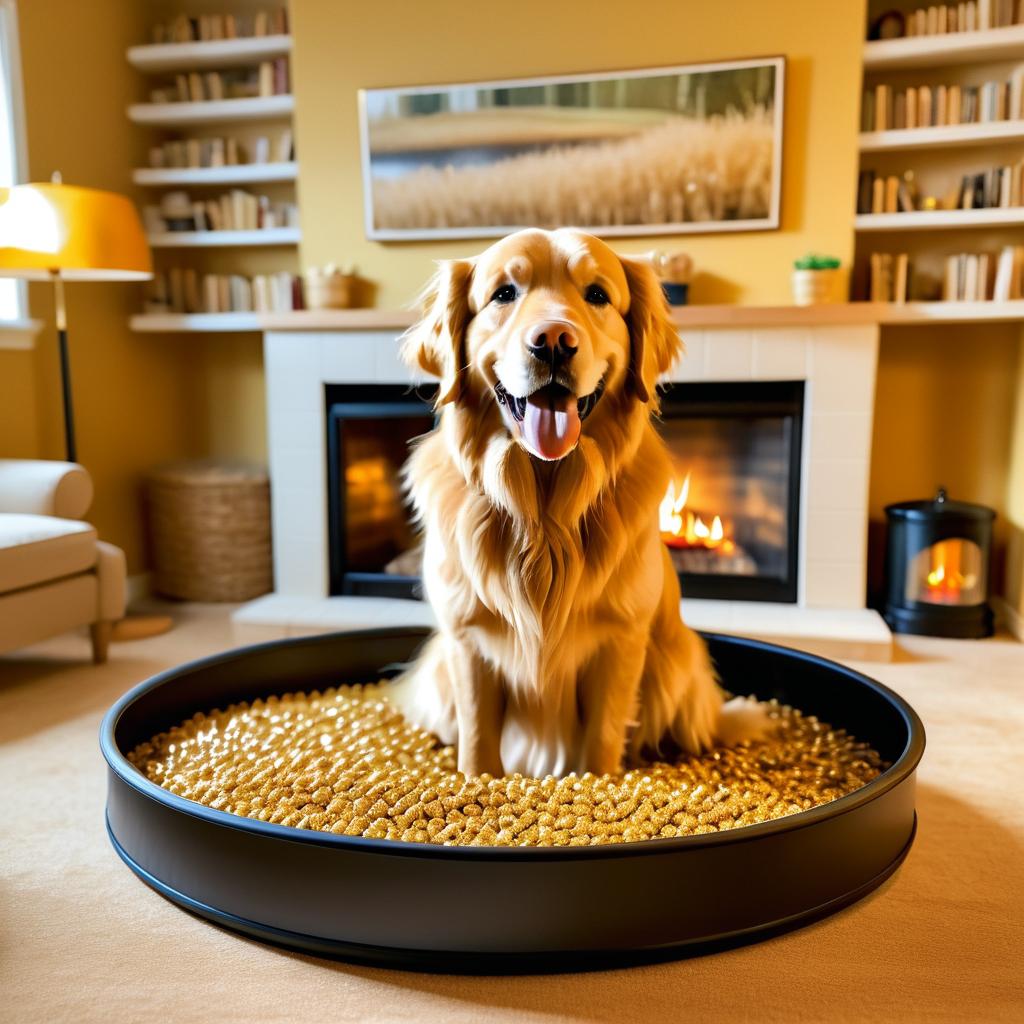 Golden Retriever in Cozy Dog Food Bowl