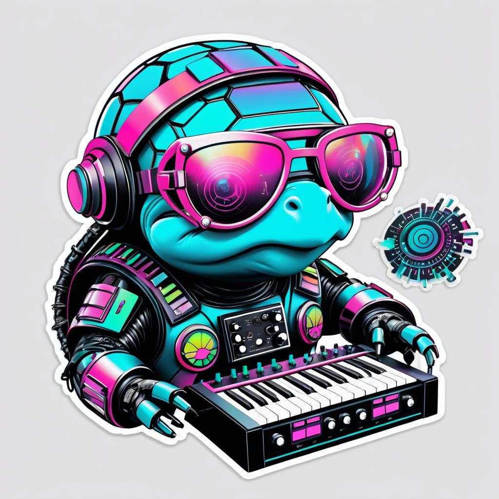 Cyborg Turtle in Retro Synthwave Style