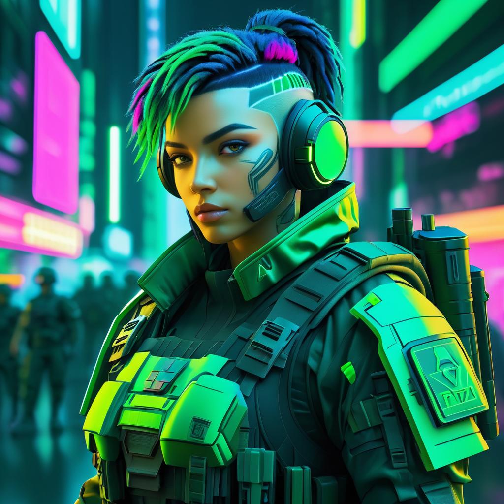 Futuristic Soldier in Neon Cyberpunk Scene