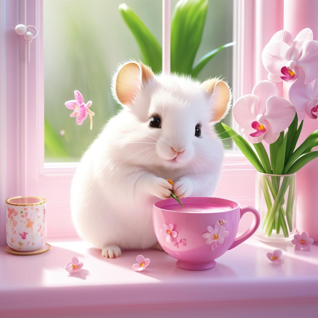 Whimsical Hamster Enjoying Milk and Orchids