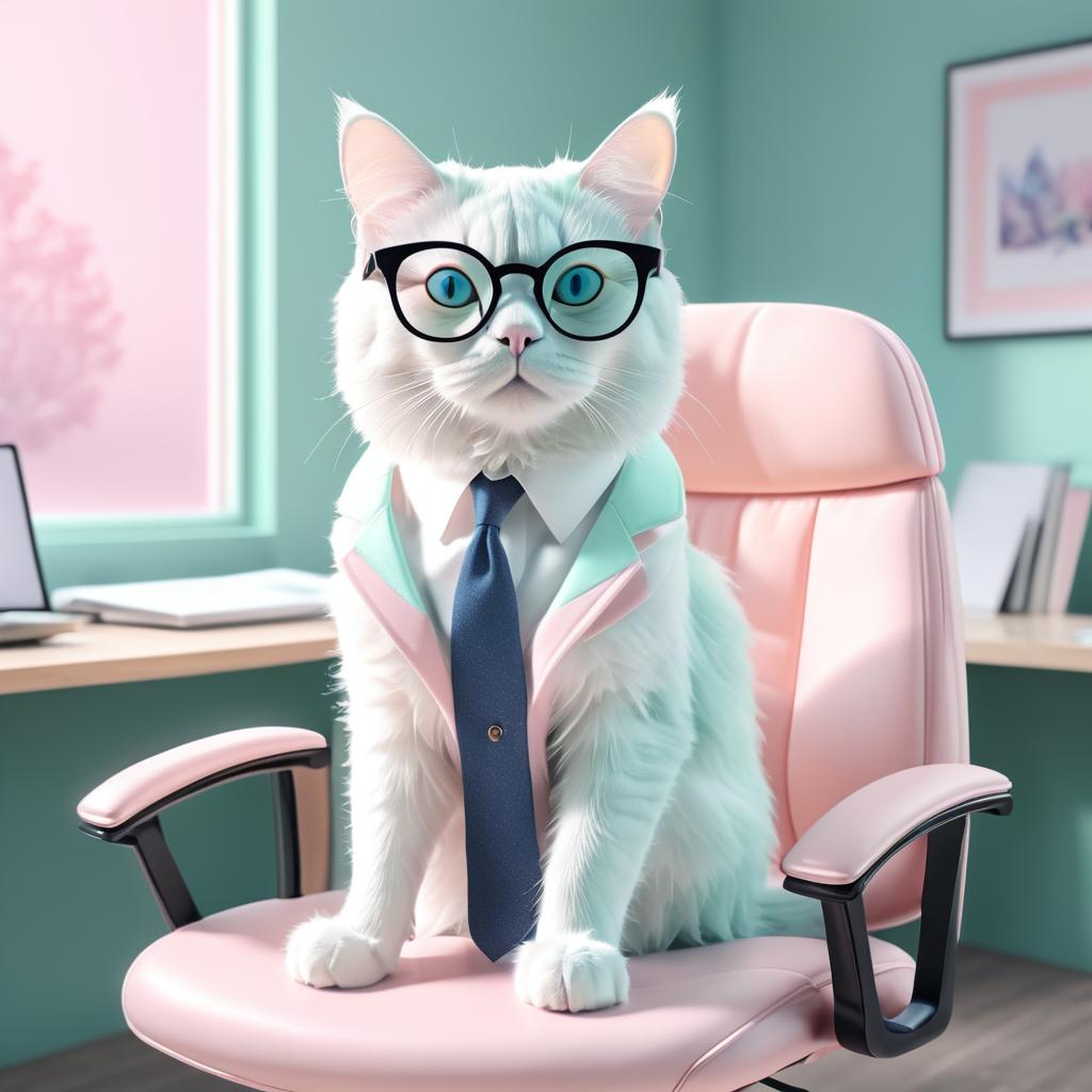 Whimsical Cat in a Pastel Office