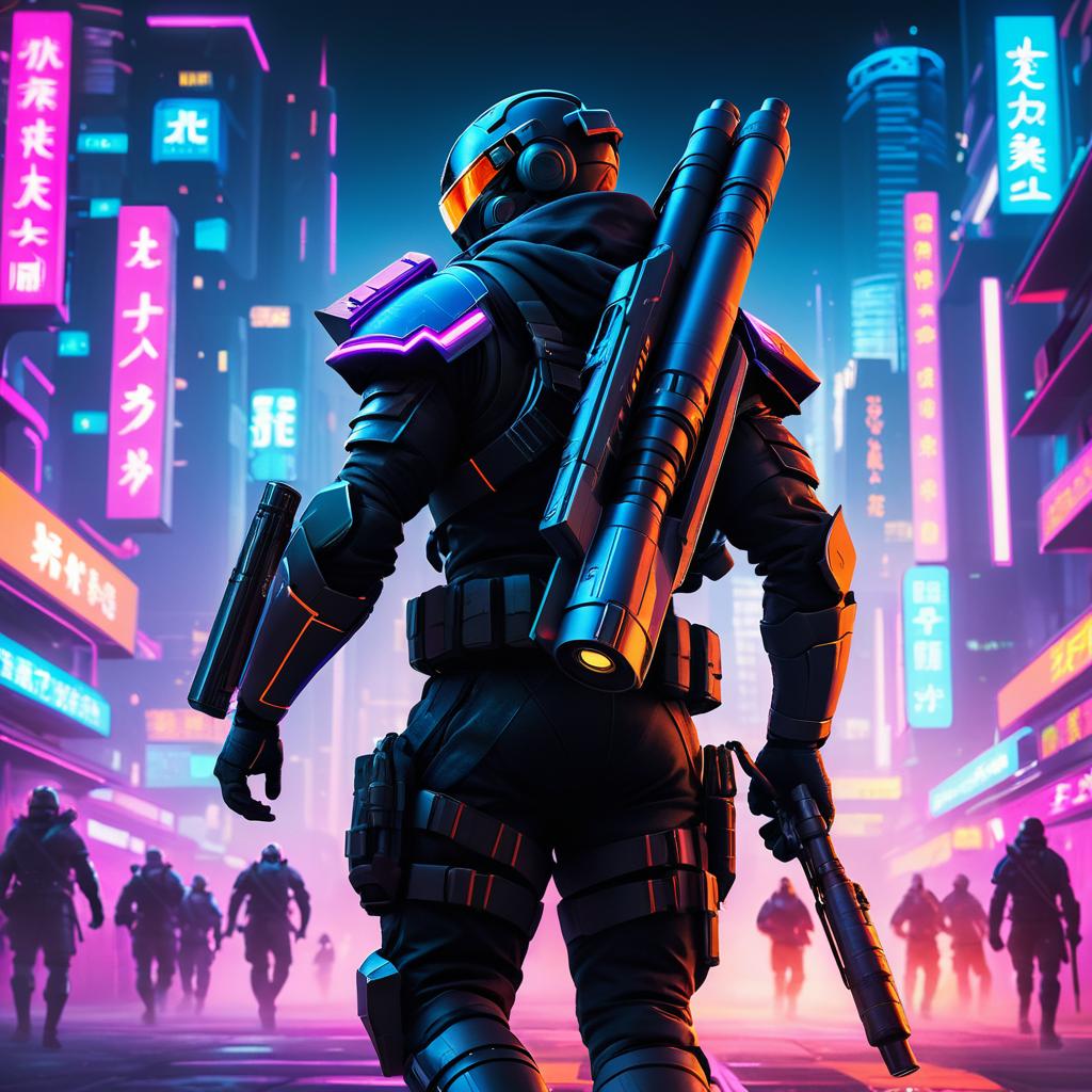 Cyborg Ninja in Neon Cityscape