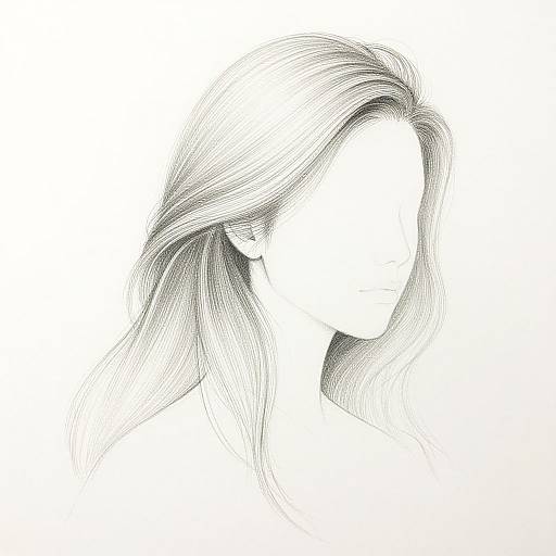 Black-and-white pencil drawing of a faceless woman with flowing, wavy hair, emphasizing texture and delicate lines against a white background.