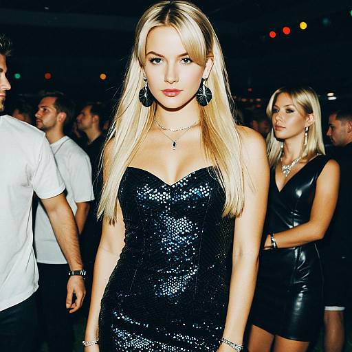 Blonde Woman in Sequined Dress at Party