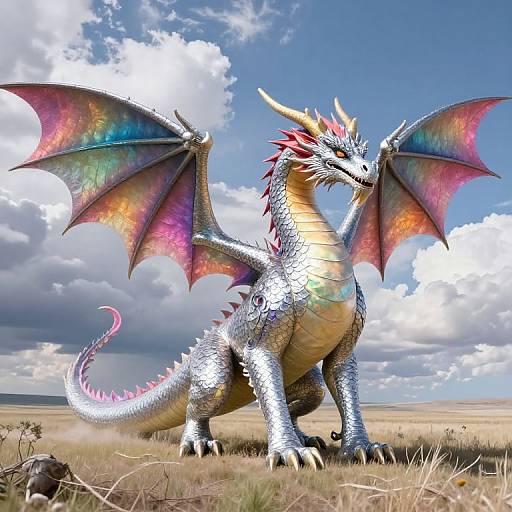 Photograph of a majestic, metallic-scaled dragon with rainbow-colored wings, standing on a grassy plain under a bright blue sky with fluffy clouds.