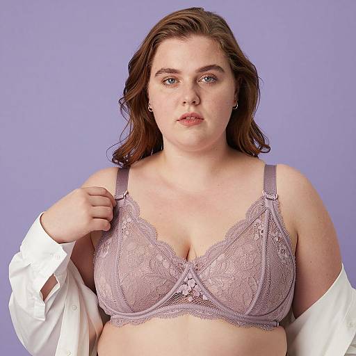 Plus-Size Woman in Mauve Lace Bra