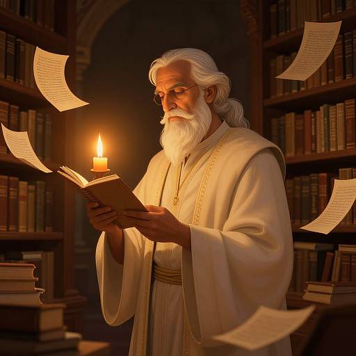 Photograph of an elderly white man with a white beard, wearing a white robe, reading a book by candlelight in a library. Papers float around