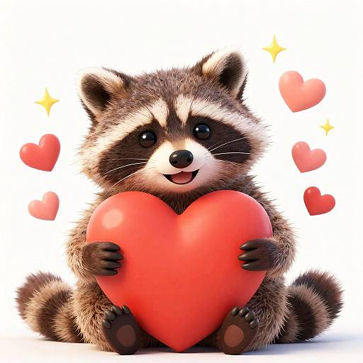 Cute CGI raccoon with fluffy gray and black fur, holding a large red heart, surrounded by floating pink hearts and yellow sparkles.