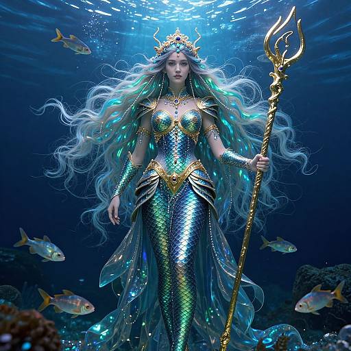 Digital artwork of a mermaid queen with long, flowing blue-green hair, wearing a shiny blue and gold armor-like dress, holding a golden trident