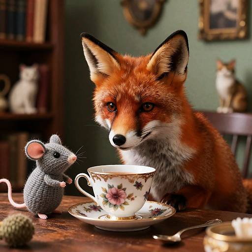 Whimsical Fox Tea Time in Antique Bookshop
