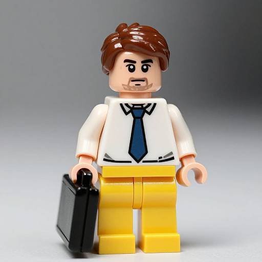 Photograph of a LEGO minifigure with brown hair, white shirt, blue tie, yellow pants, and black briefcase, standing against a gradient