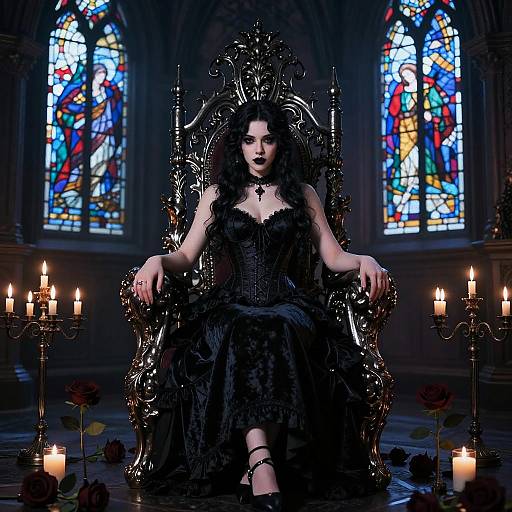 Gothic-style photograph of a pale woman with dark curls, black lace dress, and crown, seated on ornate throne, surrounded by candles and