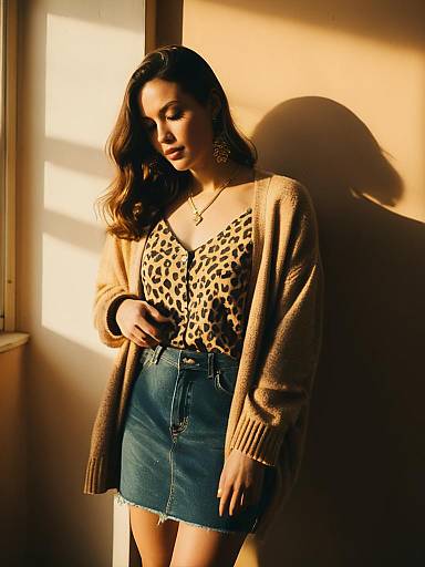 Casual Streetwear Woman in Leopard Cardigan
