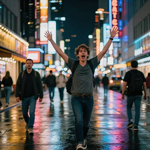 Photograph of a young man with curly hair, open mouth, and arms raised, running joyfully on a neon-lit, rainy city street at