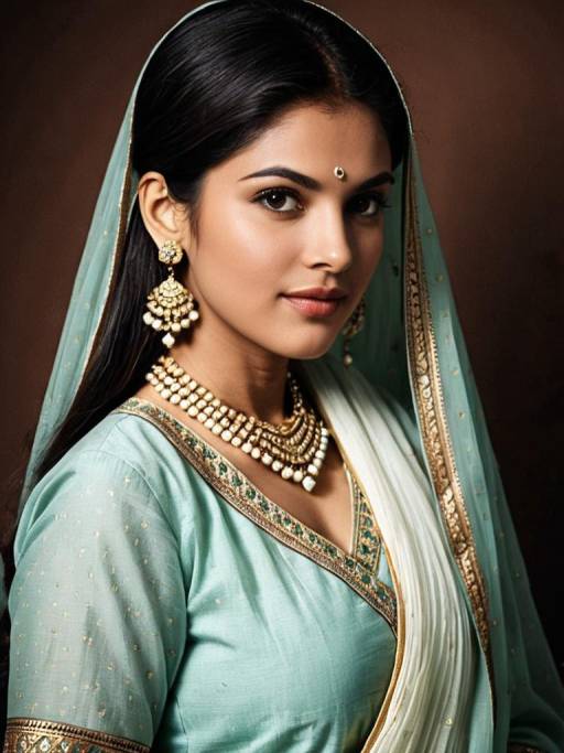 Close-up Portrait of Woman in Traditional Indian Dhoti Suit with Jewelry