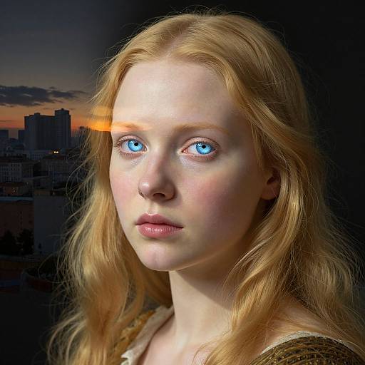 Photorealistic digital portrait of a fair-skinned, blue-eyed, blonde woman with wavy hair, against a twilight cityscape background with skyscrap