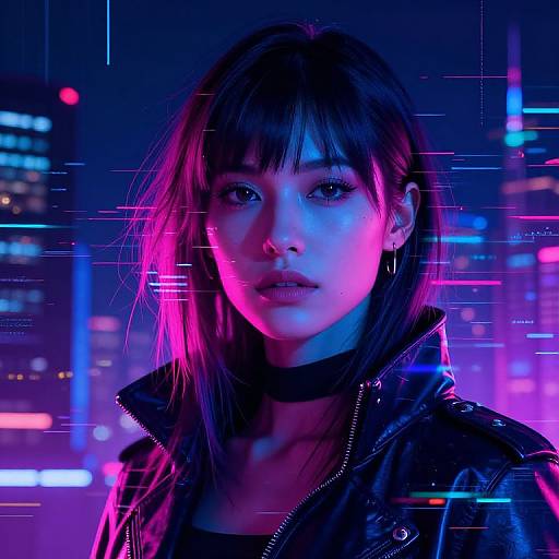 Cyberpunk portrait of an Asian woman with straight black hair, wearing a black choker and leather jacket, illuminated by neon pink and blue lights,