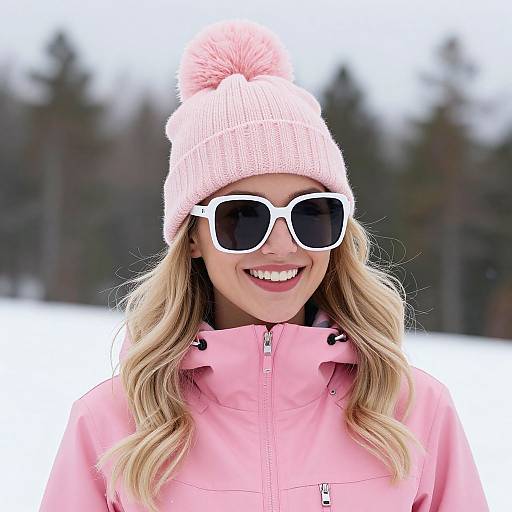 Chic Blonde Woman in Pink Winter Outfit