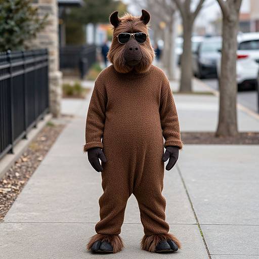 Photograph of a person in a brown, textured, one-piece horse costume with black gloves, hooves, and sunglasses, standing on a suburban sidewalk