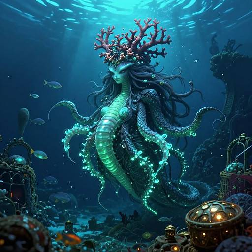 Digital fantasy artwork of a glowing blue mermaid with dark hair, coral crown, and bioluminescent tentacles, floating amidst an underwater oceanic