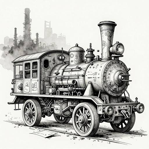 Detailed black-and-white ink drawing of a vintage steam locomotive with intricate mechanical details, large smokestack, and cityscape background.