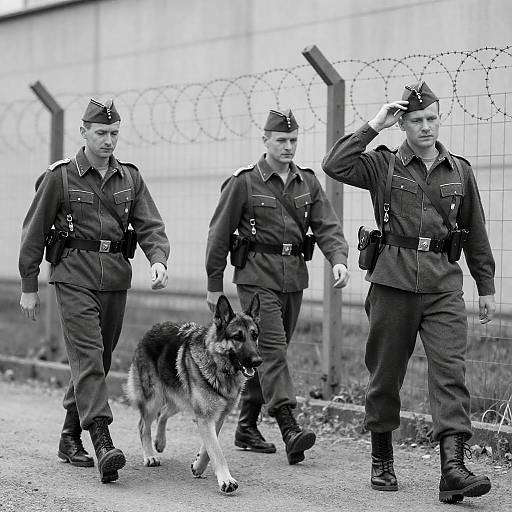 Black-and-White German Soldiers by Fence