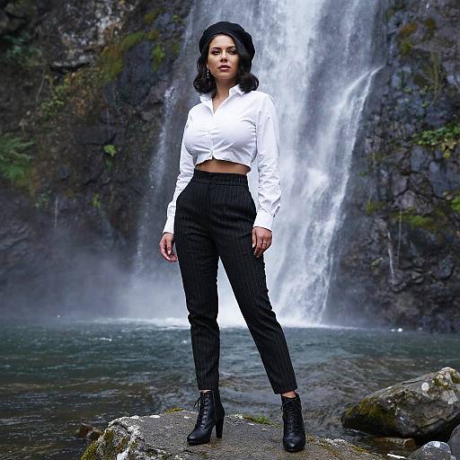Photograph of a confident woman with dark hair, white button-up crop top, black pinstripe pants, and black boots, standing in front of