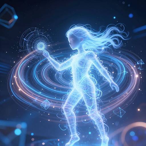 Digital artwork of a glowing blue, ethereal girl with flowing hair, casting a magical spell, surrounded by concentric circles and stars in a dark,