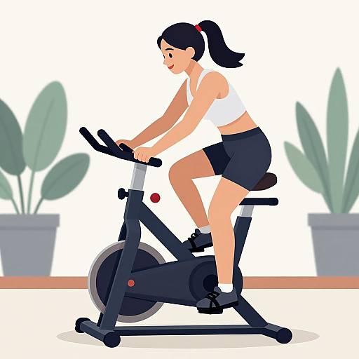 Digital illustration of a woman with black hair in a ponytail, wearing a white tank top and black shorts, riding a stationary bike indoors with potted