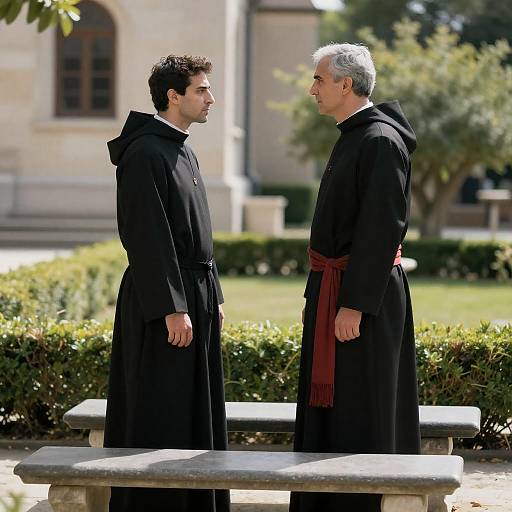 Men in Black Robes in Sunlit Garden
