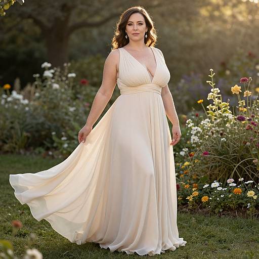 Photograph of a brunette woman with curly hair in a white, flowing, V-neck dress, standing in a sunlit, colorful garden.