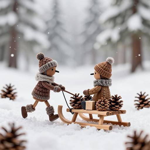 Photograph of two wooden doll children sledding in a snowy forest, wearing brown knit hats, scarves, and boots, with pinecones