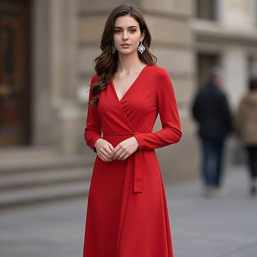 Photograph of a young woman with long dark hair, wearing a vibrant red V-neck dress, standing confidently on a city street. Blurred background shows