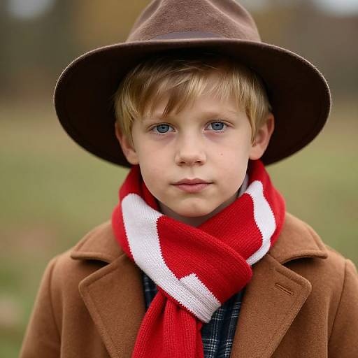 Photograph of a young boy with blue eyes, fair skin, and blonde hair, wearing a brown hat, red and white scarf, brown coat,