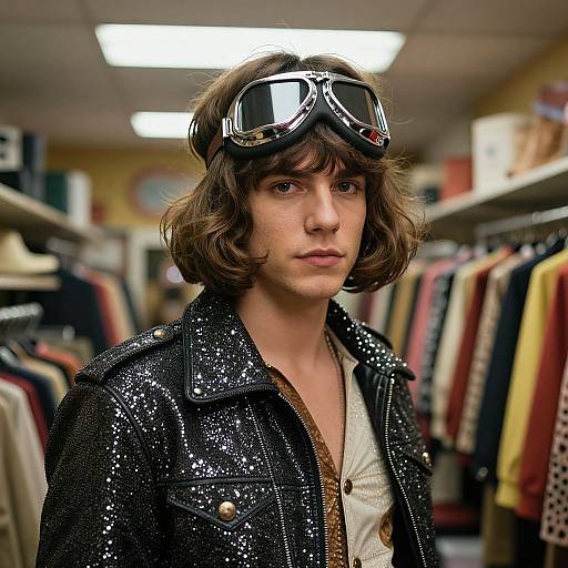 Photograph of a young man with brown wavy hair, wearing aviator goggles, a sparkly black leather jacket, and a white shirt, standing