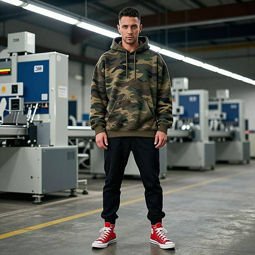 Confident Man in Camo Hoodie at High-Tech Warehouse