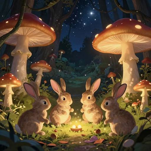 Fantastical night scene: four glowing, fluffy rabbits sit around a fire under illuminated, red-capped mushrooms in a starry forest. Digital art